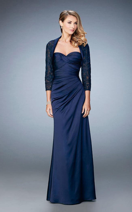 La Femme - Strapless Ruched Sheath Gown with Jacket 21776 in Blue