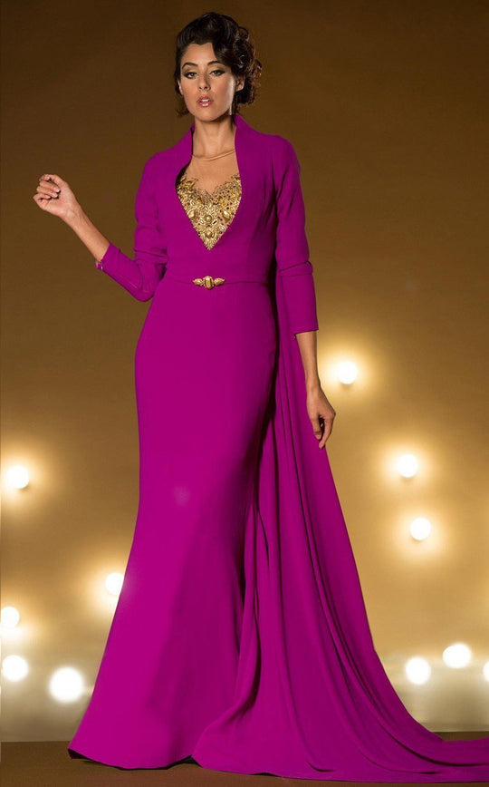 MNM Couture - 2177 Embellished Illusion Jewel Neck Sheath Dress in Purple