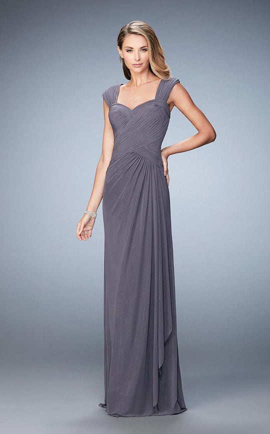 La Femme - 21783 Criss Cross Ruched Cap Sleeves Sheath Long Dress In Gray