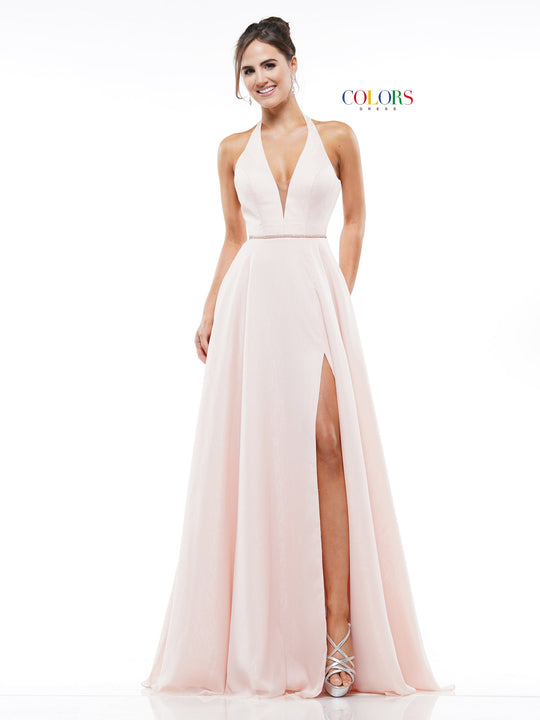 Colors Dress - 2178 Deep Halter V-neck Chiffon A-line Gown In Pink
