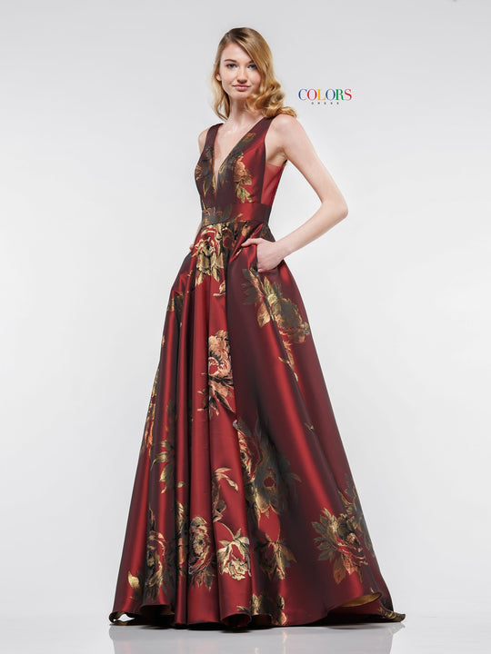 Colors Dress - 2179 Deep V-neck Print Mikado Ballgown in Red and Print