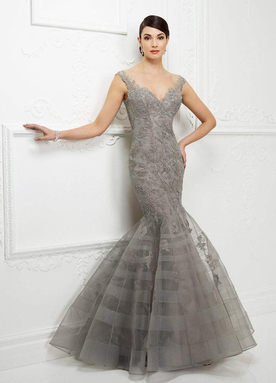 Montage by Mon Cheri - 217D81 Laced V-Neck Mermaid Dress in Gray