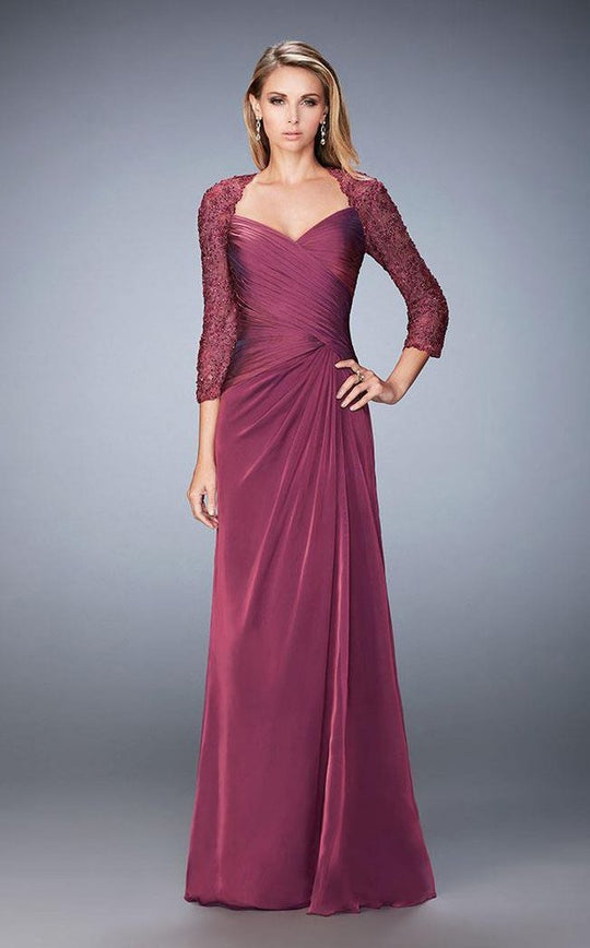 La Femme - Quarter Length Sleeves Laced V-Neck Dress 21805 - 2 pc Boysenberry in Size 4 and 6 Available