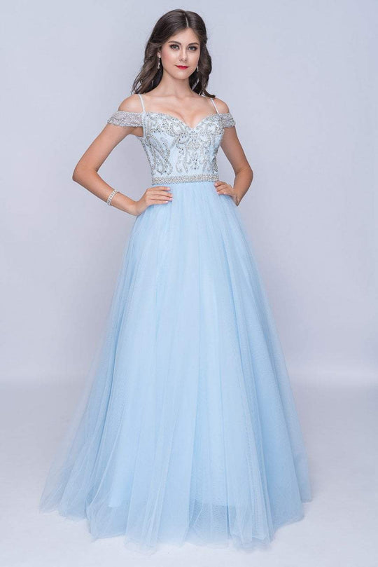 Nina Canacci - 2181 Rhinestone Beaded Cold Shoulder Gown In Blue