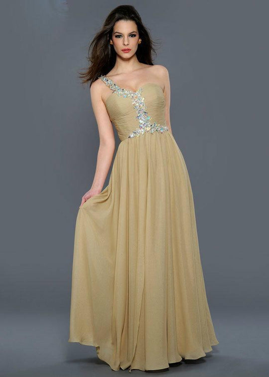 Lara Dresses - Ruched Asymmetric Neck A-Line Dress 21824 in Gold