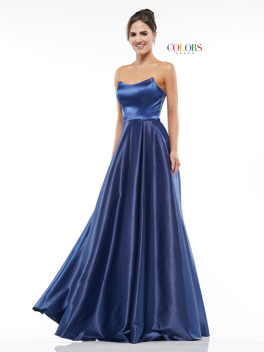 Colors Dress - 2182 Strapless Scoop Neckline Glitter Satin A-Line Gown in Blue