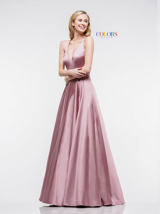 Colors Dress - 2183 Illusion Plunging Neck Satin A-Line Gown in Brown