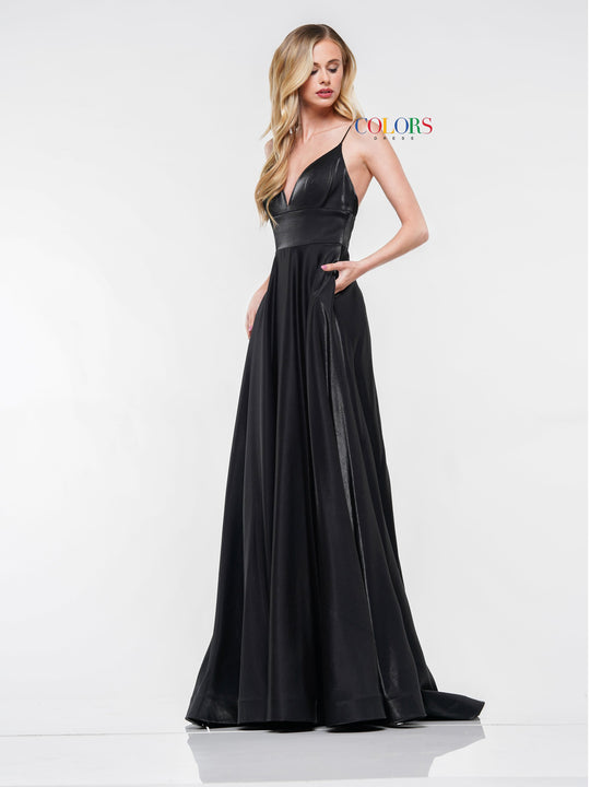 Colors Dress - 2184 Spaghetti Strap Stretch Satin V-Neck A-Line Gown in Black