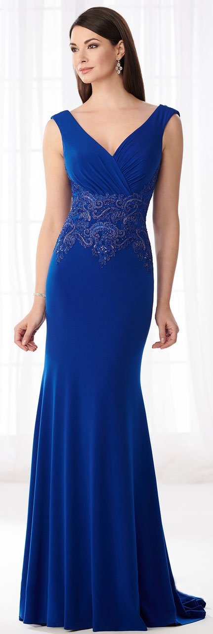Cameron Blake - 218607 Ruched Trumpet Evening Dress with Removable Sleeves in Blue