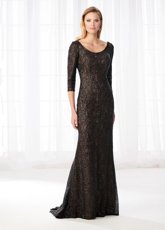 Cameron Blake - 218608W Scoop Quarter Length Sleeves Evening Dress in Black and Neutral