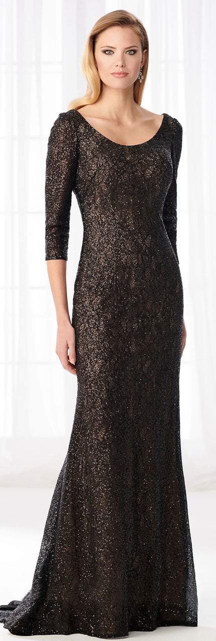 Cameron Blake - 218608 Scoop Quarter Length Sleeves Evening Dress in Black and Neutral