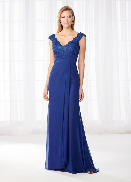 Cameron Blake - 218609W Scalloped V Neck Empire Evening Dress in Blue