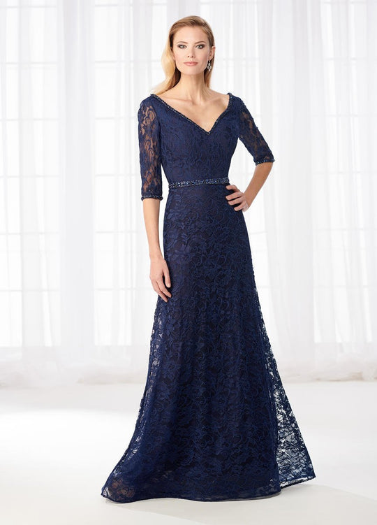 Cameron Blake - 218610W Lace V-neck A-Line Evening Dress in Blue