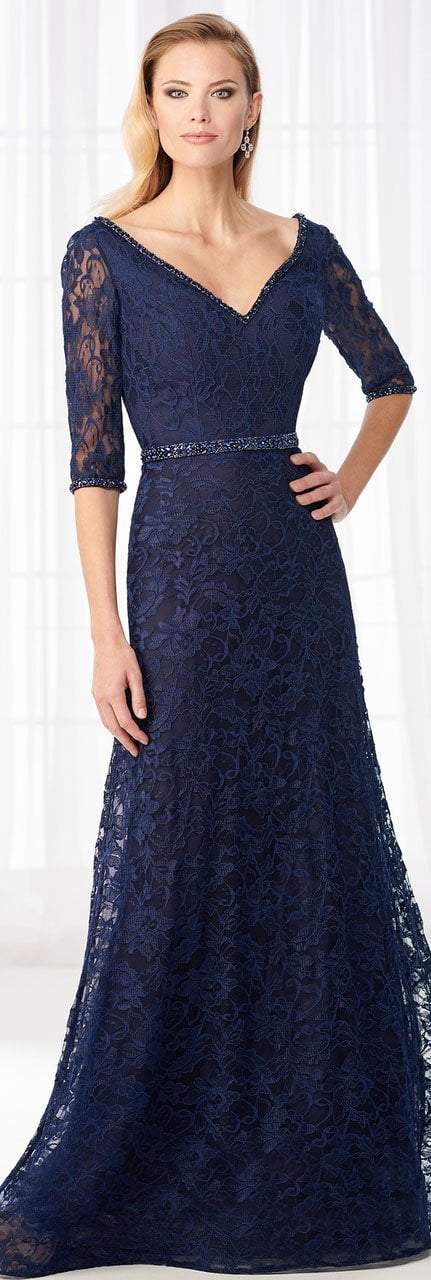 Cameron Blake - 218610 Lace V-neck A-Line Evening Dress in Blue