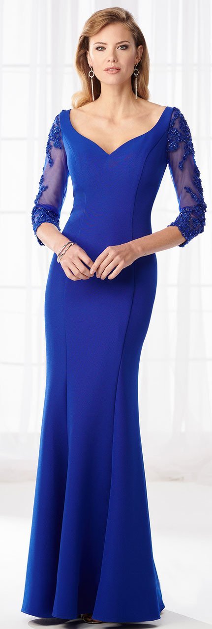 Mon Cheri Fitted V-Neck Seamed Evening Gown 218613 In Blue