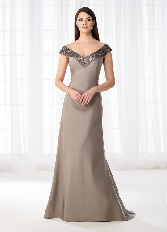 Cameron Blake - 218616W Beaded V Neck Evening Gown in Gray
