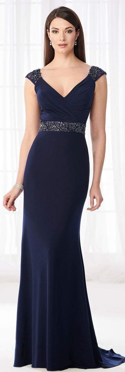 Cameron Blake - 218617W Embellished Fitted V-neck Evening Dress in Blue