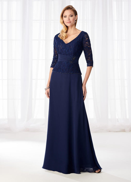 Mon Cheri Lace Quarter Length Sleeves A-Line Evening Dress 218623W - 1 pc Navy In Size 18W Available In Blue