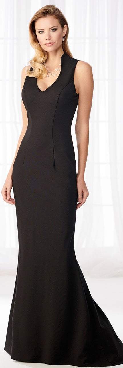 Cameron Blake - 218625 Fitted V-Neck Jersey Trumpet Gown in Black