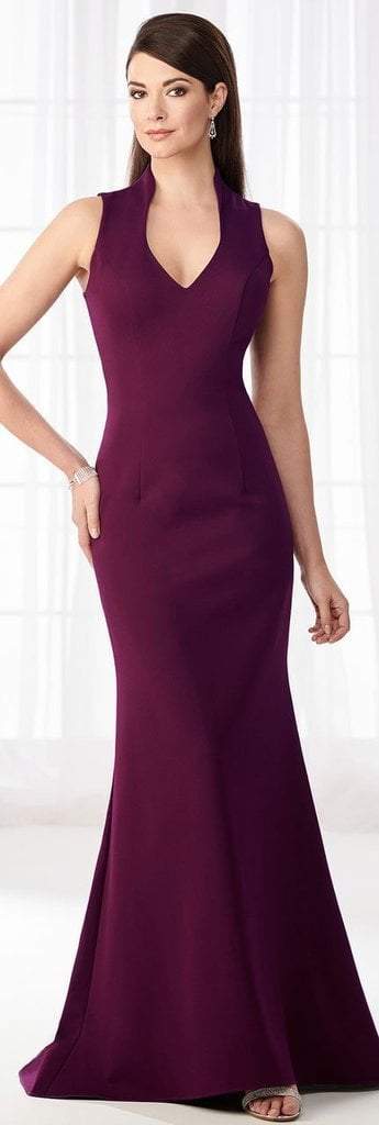 Mon Cheri - Cameron Blake - Seamed V-Neck Jersey Trumpet Evening Dress 218625 In Purple