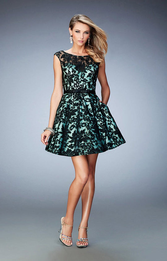 La Femme - 21876 Lace Sheer Bateau A-line Dress in Black and Green