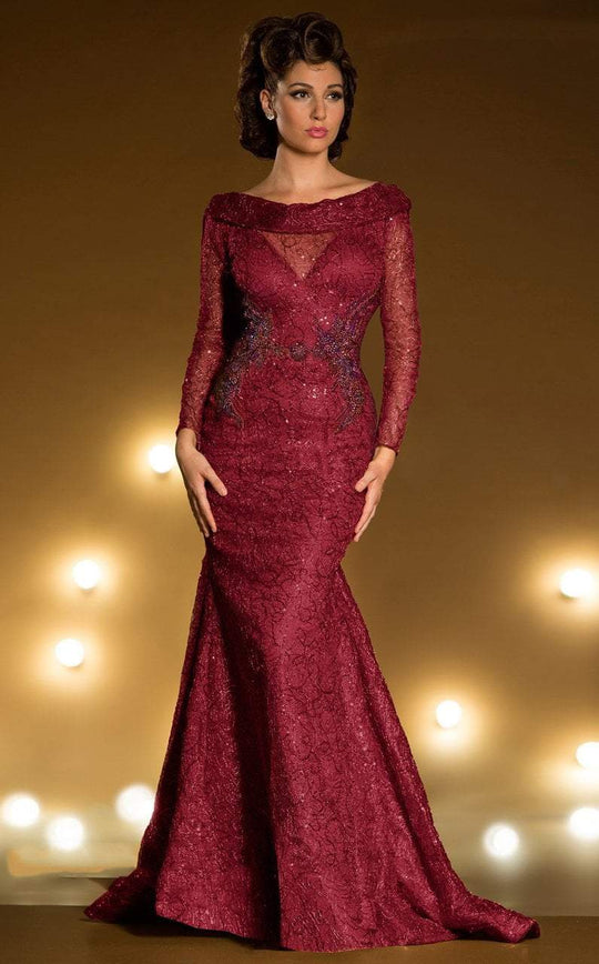 MNM Couture - 2187 Sequined Bateau Long Sleeves Long Gown in Red