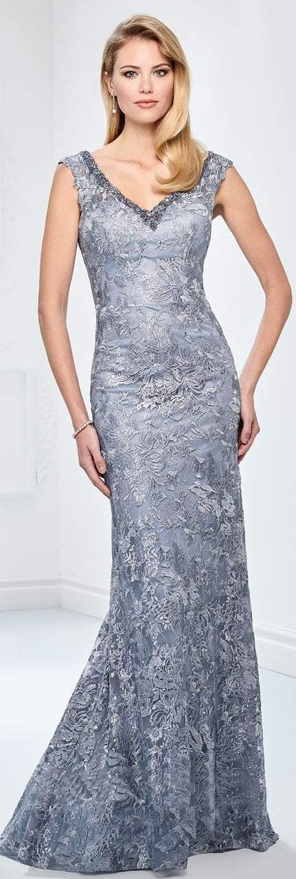 Montage by Mon Cheri - 218901 Embroidered Lace V Neck Evening Gown in Blue