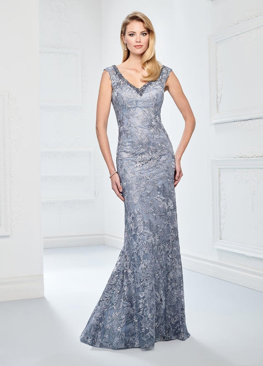Montage by Mon Cheri - 218901W Embroidered Lace V Neck Evening Gown in Blue
