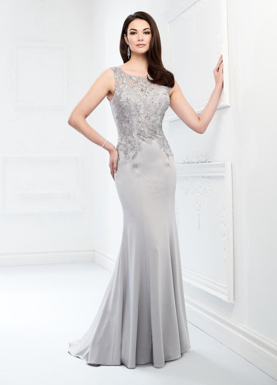 Montage by Mon Cheri - 218902W Lace Applique Bateau Fitted Gown in Silver