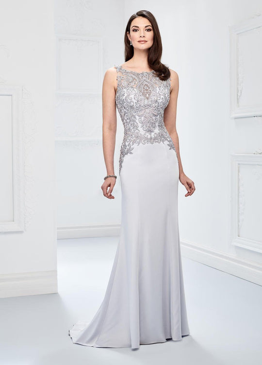 Montage by Mon Cheri - 218904 Embroidered Lace Bateau Evening Gown in Gray