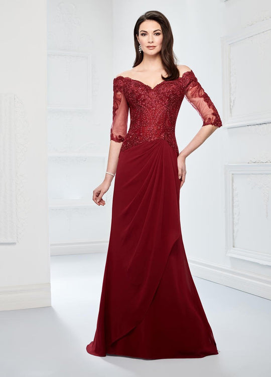 Montage by Mon Cheri - 218905 Sheer Beaded Off-Shoulder Evening Dress in Red