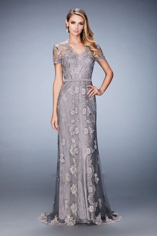 La Femme - 21897 Short Sleeve Lace Embroidered Evening Gown In Silver and Pink