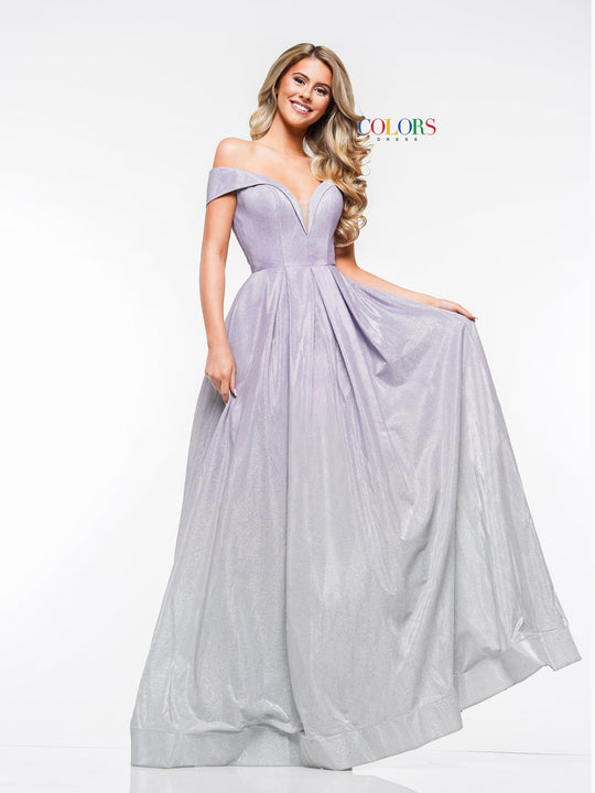 Colors Dress - 2191 Off Shoulder Glitter Knit Ombre A-Line Gown in Purple