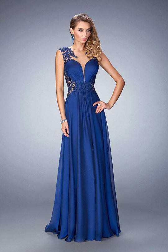 La Femme - Ruched Illusion Embellished A-Line Dress 21921 In Blue