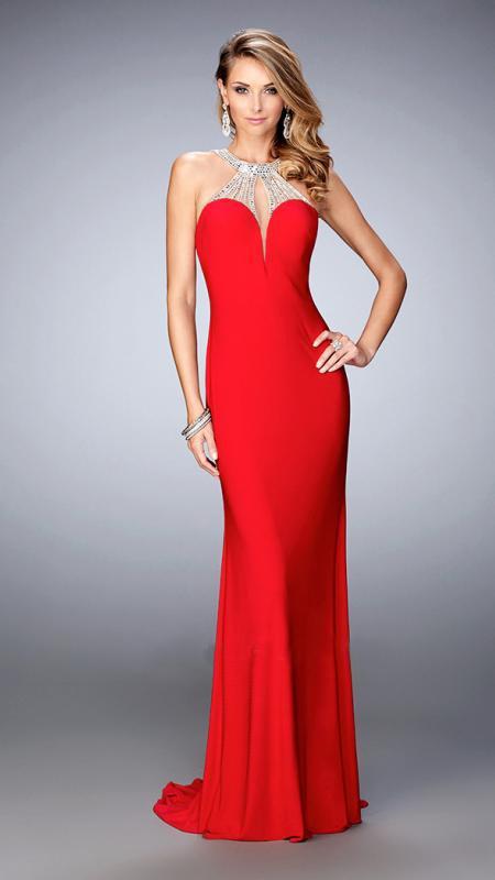 La Femme - 21929 Jeweled Illusion Halter Dress In Red