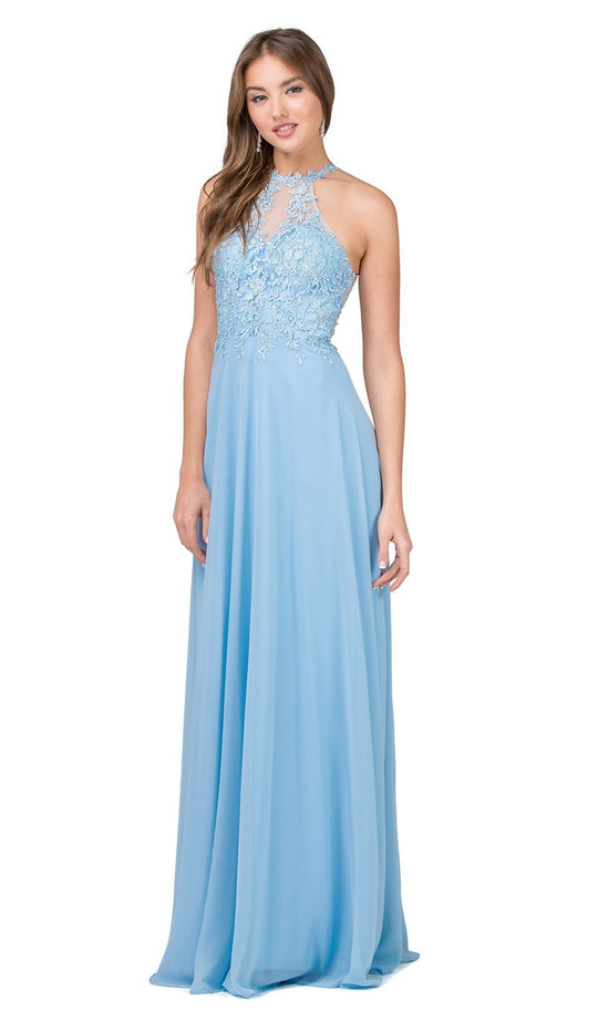 Dancing Queen - 2196 Embroidered Halter Chiffon Prom Dress in Blue