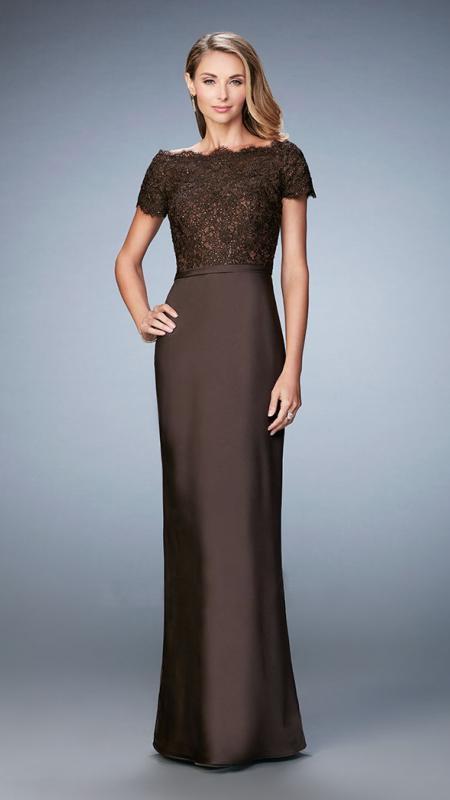 La Femme Beaded Lace Off-Shoulder Gown 21962 - 1 pc Espresso in Size 10 Available