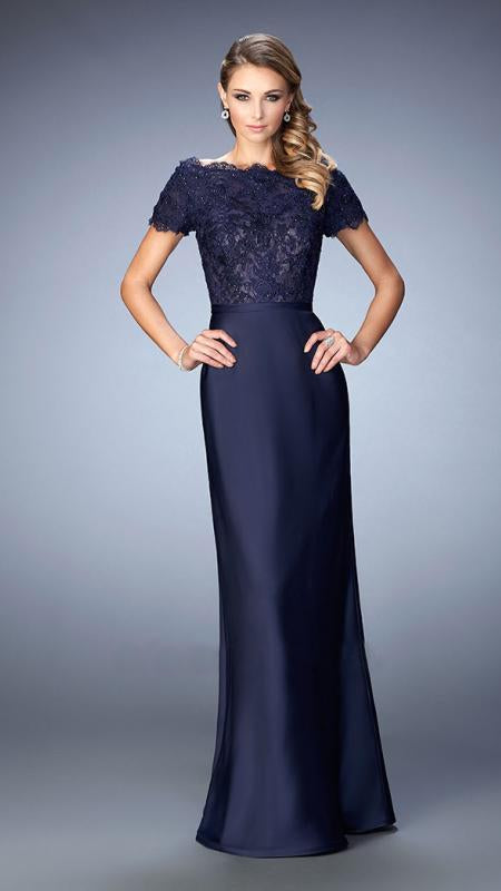 La Femme - 21962 Beaded Lace Off-Shoulder Gown In  Dark Blue