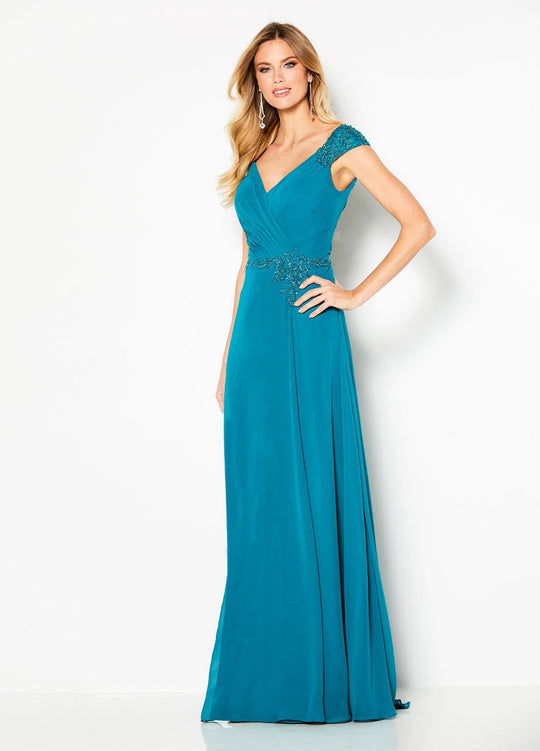 Cameron Blake - 219684 Beaded V-neck Chiffon Sheath Dress In Green