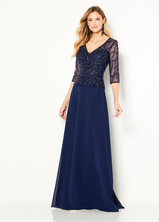 Cameron Blake - 219688 Beaded V-neck Chiffon A-line Dress In Blue