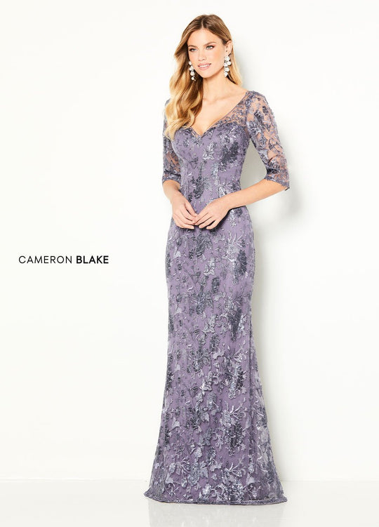 Cameron Blake - 219691 Lace Embroidered V-Neck Dress In Gray
