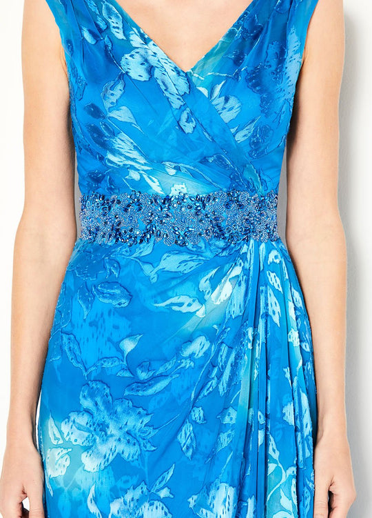 Cameron Blake - 219694 Printed Surplus V-Neck Gown In Blue and Multi-Color