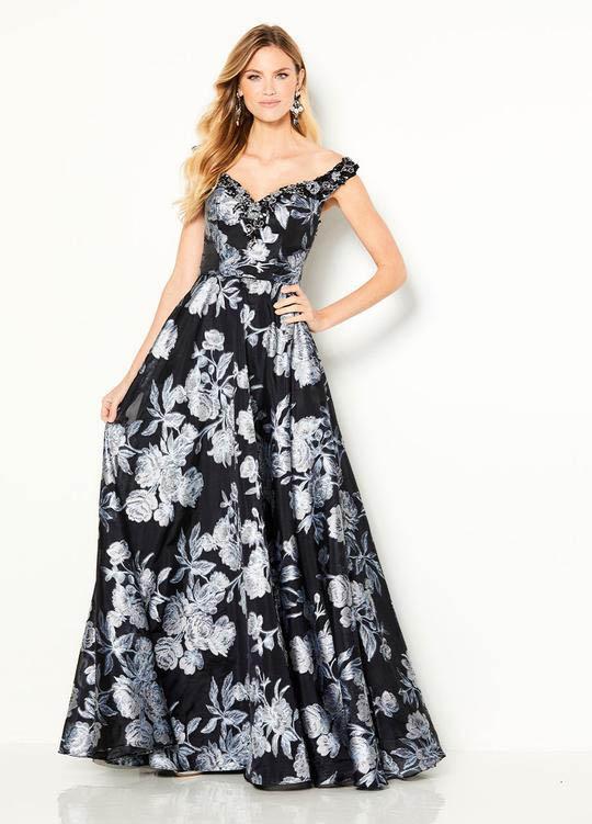 Cameron Blake - 219695 Beaded Neckline Floral A-line Gown Dress In Black and White