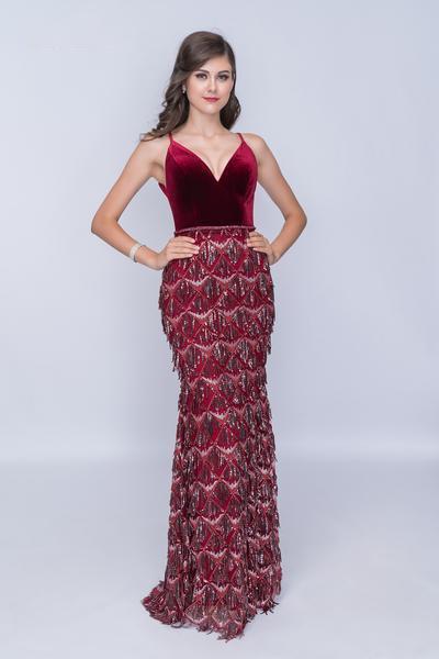 Nina Canacci - 2198 Plunging V-neck Sequined Trumpet Dress