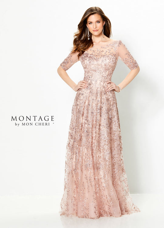 Montage by Mon Cheri - 219976 Embroidered Lace Illusion Bateau Dress In Pink
