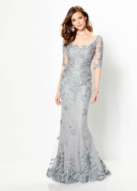 Montage by Mon Cheri - 219978 Embroidered Scoop Neck Long Gown In Gray