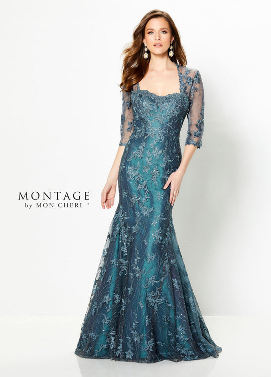 Montage by Mon Cheri - 219979 Embroidered Lace Illusion Trumpet Dress In Blue