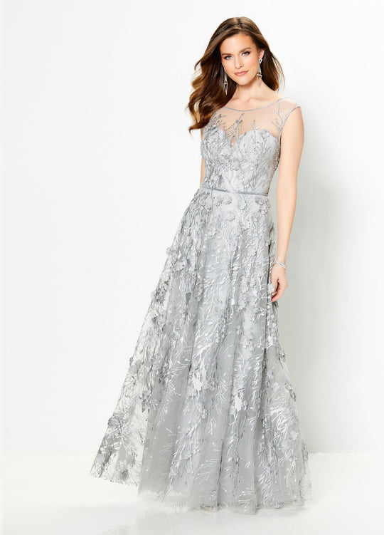 Montage by Mon Cheri - 219981 Blossom Appliqued Illusion Scoop Gown In Silver