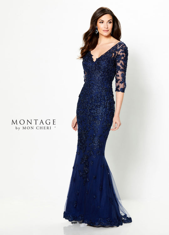 Montage by Mon Cheri - 219982 Lace Appliqued V-Neck Sheath Dress In Blue
