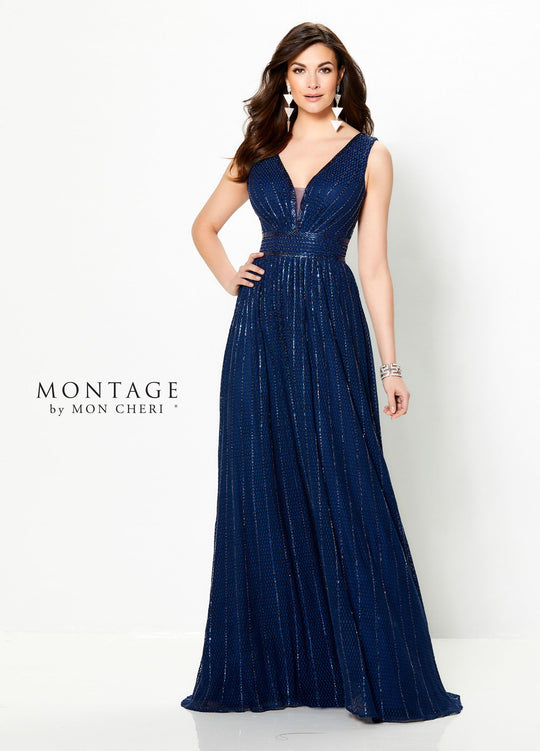 Montage by Mon Cheri - 219984 Embellished Deep V-neck A-line Dress In Blue